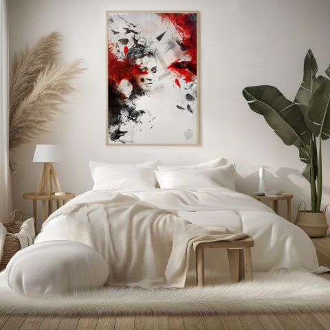 Plakat abstrakcyjny A2 z kobietą i czerwonymi skrzydłami kruka na tle geometrycznych motywów w kolorach czerni, czerwieni i beżu.