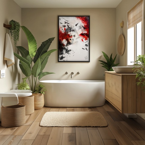 Plakat abstrakcyjny A2 z kobietą i czerwonymi skrzydłami kruka na tle geometrycznych motywów w kolorach czerni, czerwieni i beżu.