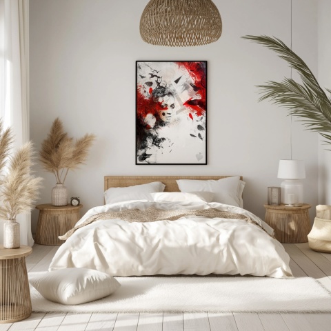 Plakat abstrakcyjny A2 z kobietą i czerwonymi skrzydłami kruka na tle geometrycznych motywów w kolorach czerni, czerwieni i beżu.