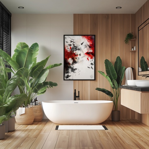 Plakat abstrakcyjny A2 z kobietą i czerwonymi skrzydłami kruka na tle geometrycznych motywów w kolorach czerni, czerwieni i beżu.