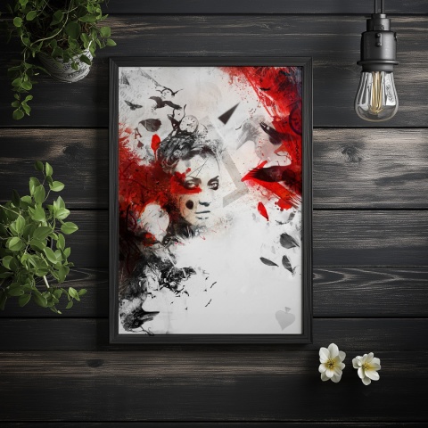 Plakat abstrakcyjny A2 z kobietą i czerwonymi skrzydłami kruka na tle geometrycznych motywów w kolorach czerni, czerwieni i beżu.