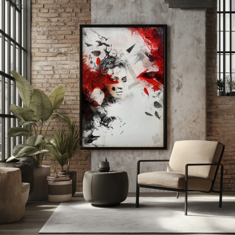 Plakat abstrakcyjny A2 z kobietą i czerwonymi skrzydłami kruka na tle geometrycznych motywów w kolorach czerni, czerwieni i beżu.