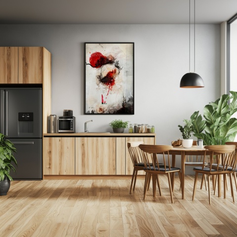 Plakat abstrakcyjny w formacie A2  ze spiralnym wzorem w ciepłych odcieniach złota, beżu i bieli na jasnym tle.