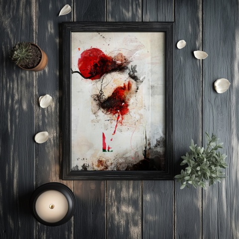 Plakat abstrakcyjny w formacie A2  ze spiralnym wzorem w ciepłych odcieniach złota, beżu i bieli na jasnym tle.