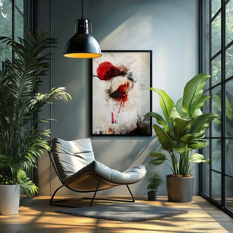 Plakat abstrakcyjny w formacie A2  ze spiralnym wzorem w ciepłych odcieniach złota, beżu i bieli na jasnym tle.