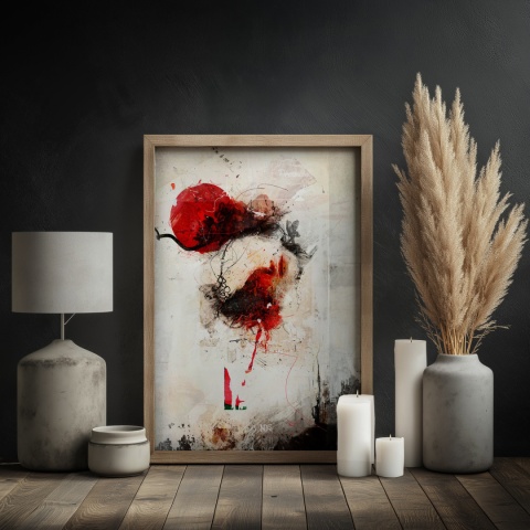 Plakat abstrakcyjny w formacie A2  ze spiralnym wzorem w ciepłych odcieniach złota, beżu i bieli na jasnym tle.