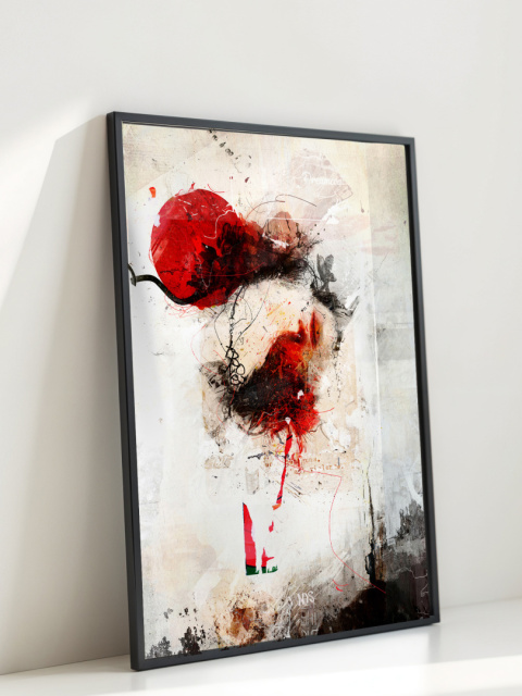 Plakat abstrakcyjny w formacie A2  ze spiralnym wzorem w ciepłych odcieniach złota, beżu i bieli na jasnym tle.