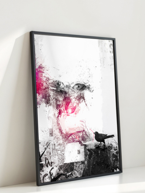 Plakat abstrakcyjny Format A2 - 0006 - „Oczy Intuicji – Cień Kruka” – kompozycja z wyrazistymi oczami i cieniem kruka