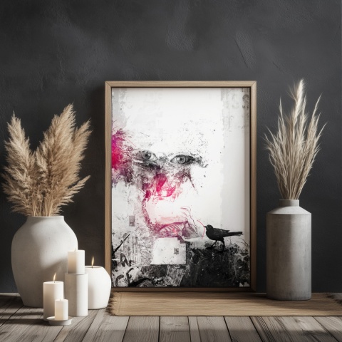 Plakat abstrakcyjny Format A2 - 0006 - „Oczy Intuicji – Cień Kruka” – kompozycja z wyrazistymi oczami i cieniem kruka