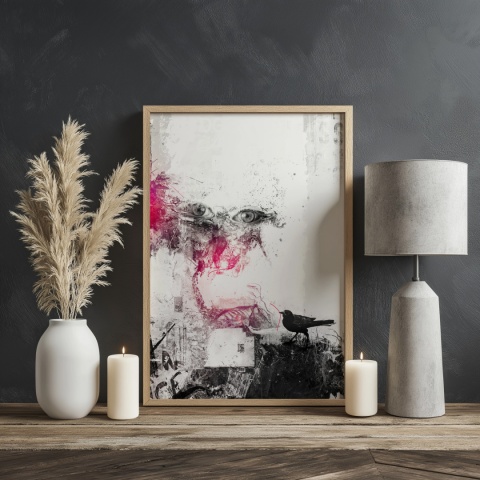 Plakat abstrakcyjny Format A2 - 0006 - „Oczy Intuicji – Cień Kruka” – kompozycja z wyrazistymi oczami i cieniem kruka