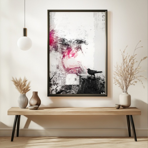 Plakat abstrakcyjny Format A2 - 0006 - „Oczy Intuicji – Cień Kruka” – kompozycja z wyrazistymi oczami i cieniem kruka