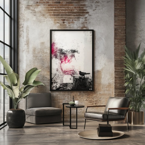 Plakat abstrakcyjny Format A2 - 0006 - „Oczy Intuicji – Cień Kruka” – kompozycja z wyrazistymi oczami i cieniem kruka