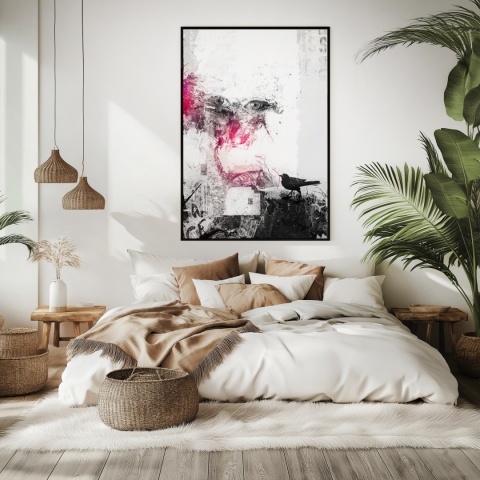 Plakat abstrakcyjny Format A2 - 0006 - „Oczy Intuicji – Cień Kruka” – kompozycja z wyrazistymi oczami i cieniem kruka