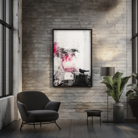 Plakat abstrakcyjny Format A2 - 0006 - „Oczy Intuicji – Cień Kruka” – kompozycja z wyrazistymi oczami i cieniem kruka