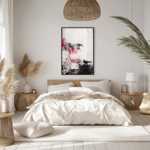 Plakat abstrakcyjny Format A2 - 0006 - „Oczy Intuicji – Cień Kruka” – kompozycja z wyrazistymi oczami i cieniem kruka