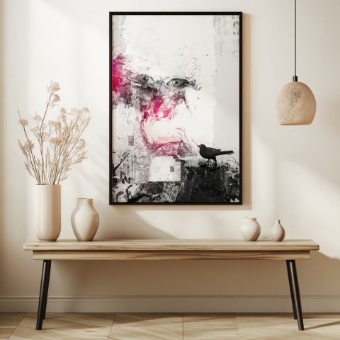 Plakat abstrakcyjny Format A2 - 0006 - „Oczy Intuicji – Cień Kruka” – kompozycja z wyrazistymi oczami i cieniem kruka