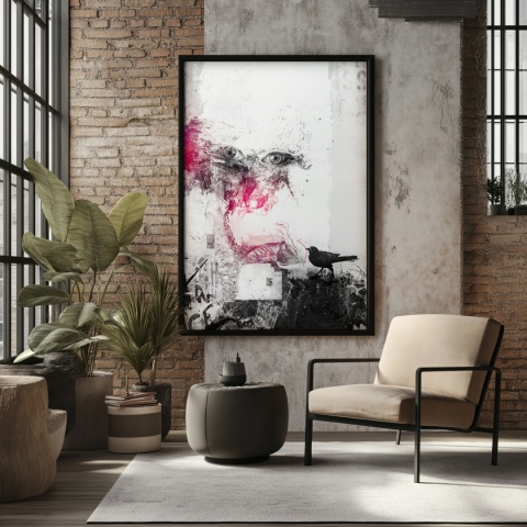 Plakat abstrakcyjny Format A2 - 0006 - „Oczy Intuicji – Cień Kruka” – kompozycja z wyrazistymi oczami i cieniem kruka