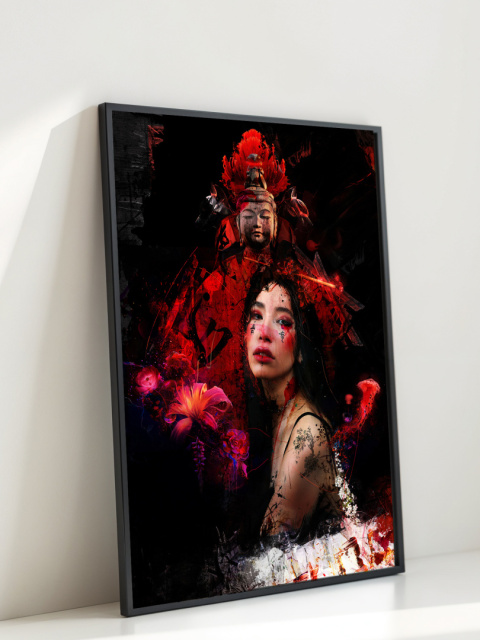 Plakat abstrakcyjny Format A2 - 0008 - „Strażniczka Czerwieni” – kobieta w otoczeniu czerwieni i duchowych symboli