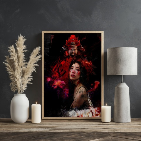 Plakat abstrakcyjny Format A2 - 0008 - „Strażniczka Czerwieni” – kobieta w otoczeniu czerwieni i duchowych symboli