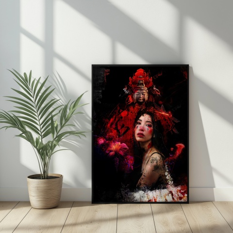 Plakat abstrakcyjny Format A2 - 0008 - „Strażniczka Czerwieni” – kobieta w otoczeniu czerwieni i duchowych symboli