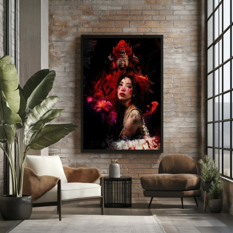 Plakat abstrakcyjny Format A2 - 0008 - „Strażniczka Czerwieni” – kobieta w otoczeniu czerwieni i duchowych symboli