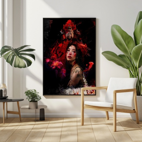 Plakat abstrakcyjny Format A2 - 0008 - „Strażniczka Czerwieni” – kobieta w otoczeniu czerwieni i duchowych symboli