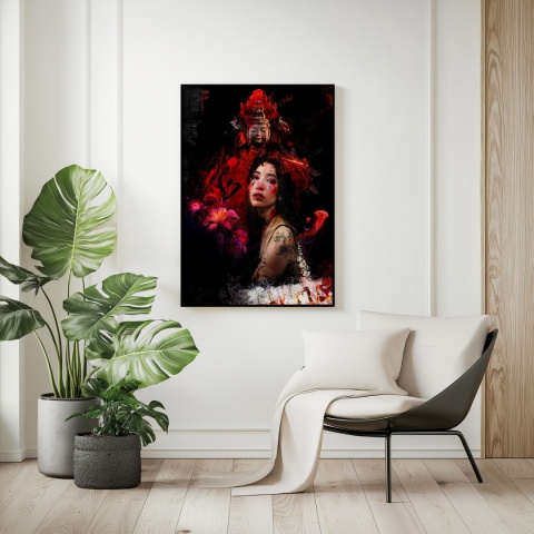 Plakat abstrakcyjny Format A2 - 0008 - „Strażniczka Czerwieni” – kobieta w otoczeniu czerwieni i duchowych symboli