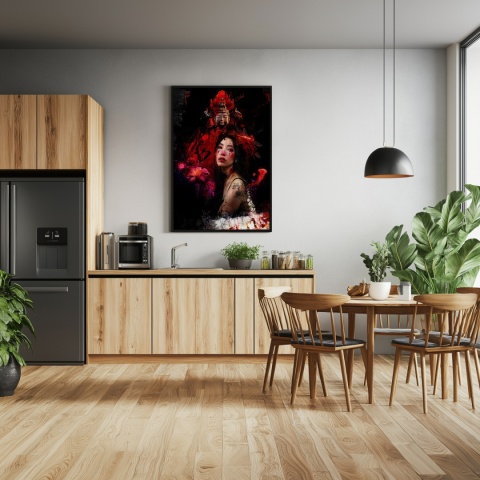 Plakat abstrakcyjny Format A2 - 0008 - „Strażniczka Czerwieni” – kobieta w otoczeniu czerwieni i duchowych symboli