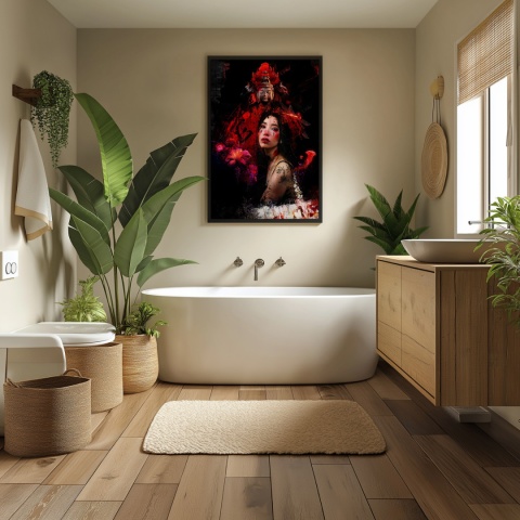 Plakat abstrakcyjny Format A2 - 0008 - „Strażniczka Czerwieni” – kobieta w otoczeniu czerwieni i duchowych symboli