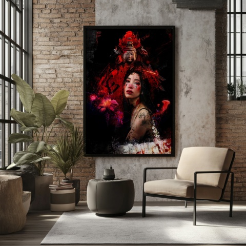 Plakat abstrakcyjny Format A2 - 0008 - „Strażniczka Czerwieni” – kobieta w otoczeniu czerwieni i duchowych symboli