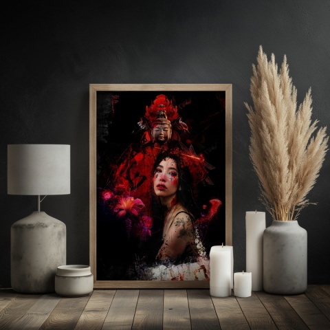 Plakat abstrakcyjny Format A2 - 0008 - „Strażniczka Czerwieni” – kobieta w otoczeniu czerwieni i duchowych symboli