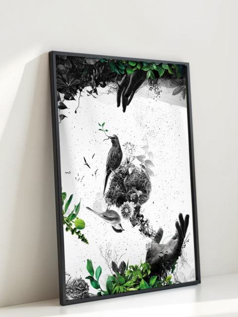Plakat abstrakcyjny Format A2 - 0009 - „EkoGenesis” – surrealistyczna kompozycja dłoni, ptaków i roślin
