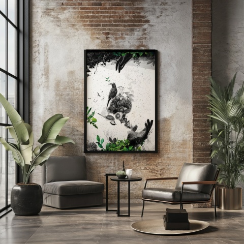Plakat abstrakcyjny Format A2 - 0009 - „EkoGenesis” – surrealistyczna kompozycja dłoni, ptaków i roślin