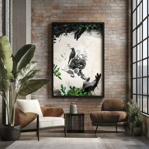 Plakat abstrakcyjny Format A2 - 0009 - „EkoGenesis” – surrealistyczna kompozycja dłoni, ptaków i roślin