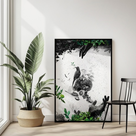 Plakat abstrakcyjny Format A2 - 0009 - „EkoGenesis” – surrealistyczna kompozycja dłoni, ptaków i roślin