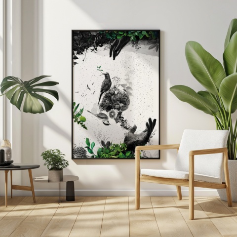 Plakat abstrakcyjny Format A2 - 0009 - „EkoGenesis” – surrealistyczna kompozycja dłoni, ptaków i roślin