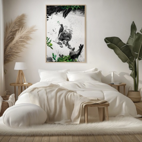 Plakat abstrakcyjny Format A2 - 0009 - „EkoGenesis” – surrealistyczna kompozycja dłoni, ptaków i roślin