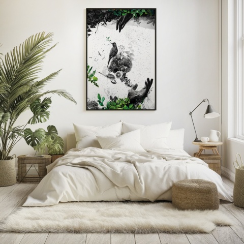 Plakat abstrakcyjny Format A2 - 0009 - „EkoGenesis” – surrealistyczna kompozycja dłoni, ptaków i roślin