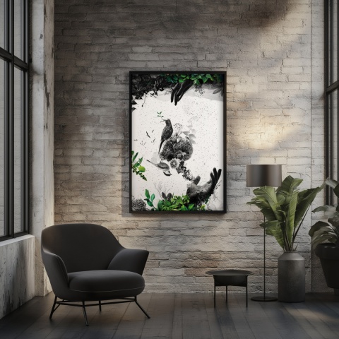 Plakat abstrakcyjny Format A2 - 0009 - „EkoGenesis” – surrealistyczna kompozycja dłoni, ptaków i roślin