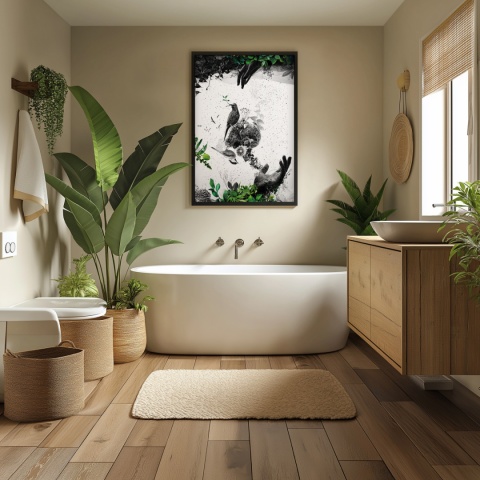 Plakat abstrakcyjny Format A2 - 0009 - „EkoGenesis” – surrealistyczna kompozycja dłoni, ptaków i roślin