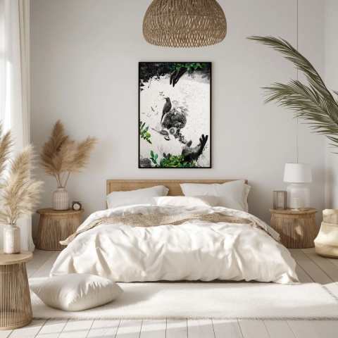 Plakat abstrakcyjny Format A2 - 0009 - „EkoGenesis” – surrealistyczna kompozycja dłoni, ptaków i roślin