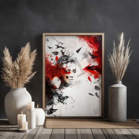 Plakat abstrakcyjny A3 z kobietą i czerwonymi skrzydłami kruka na tle geometrycznych motywów w kolorach czerni, czerwieni i beżu.
