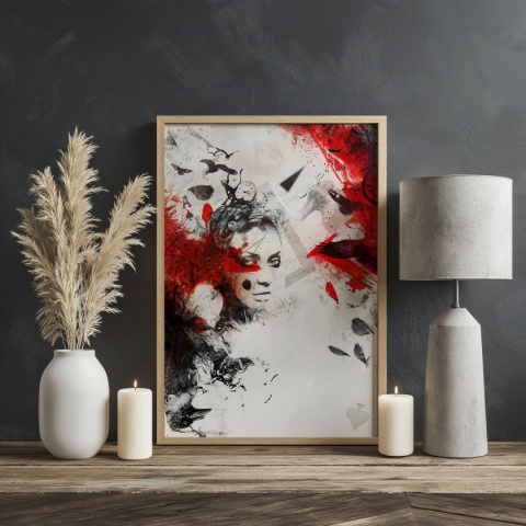 Plakat abstrakcyjny A3 z kobietą i czerwonymi skrzydłami kruka na tle geometrycznych motywów w kolorach czerni, czerwieni i beżu.