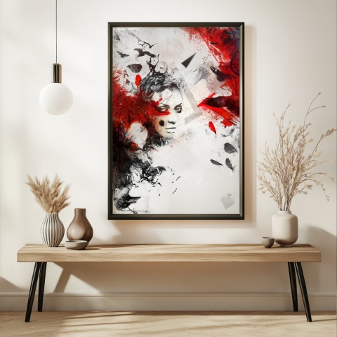 Plakat abstrakcyjny A3 z kobietą i czerwonymi skrzydłami kruka na tle geometrycznych motywów w kolorach czerni, czerwieni i beżu.