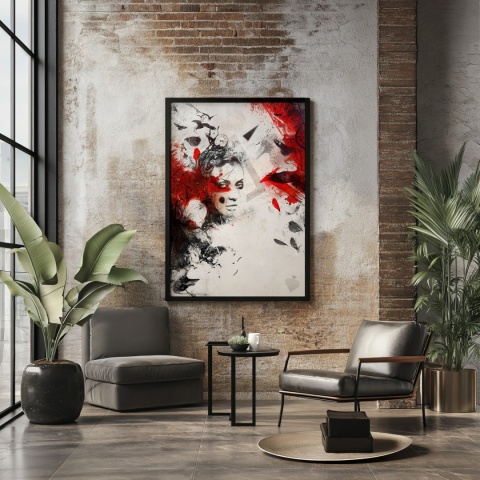 Plakat abstrakcyjny A3 z kobietą i czerwonymi skrzydłami kruka na tle geometrycznych motywów w kolorach czerni, czerwieni i beżu.