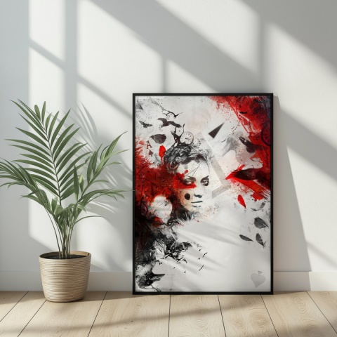 Plakat abstrakcyjny A3 z kobietą i czerwonymi skrzydłami kruka na tle geometrycznych motywów w kolorach czerni, czerwieni i beżu.