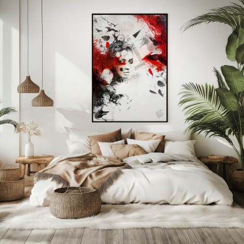 Plakat abstrakcyjny A3 z kobietą i czerwonymi skrzydłami kruka na tle geometrycznych motywów w kolorach czerni, czerwieni i beżu.