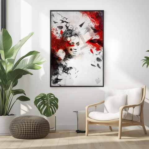 Plakat abstrakcyjny A3 z kobietą i czerwonymi skrzydłami kruka na tle geometrycznych motywów w kolorach czerni, czerwieni i beżu.