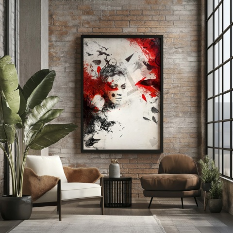 Plakat abstrakcyjny A3 z kobietą i czerwonymi skrzydłami kruka na tle geometrycznych motywów w kolorach czerni, czerwieni i beżu.