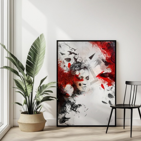 Plakat abstrakcyjny A3 z kobietą i czerwonymi skrzydłami kruka na tle geometrycznych motywów w kolorach czerni, czerwieni i beżu.